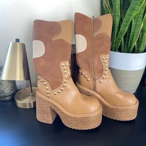 BRATZ x DOLLS KILL Superstar Status Platform Patchwork Boots Tan Studded Sz 10